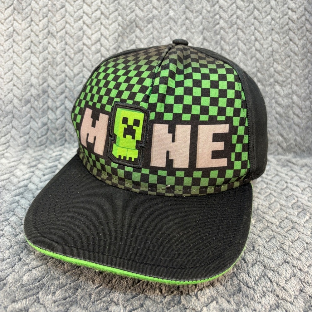 Minecraft Youth Snapback Hat Green Black Checkered Creeper Flat Brim Cap OSFM